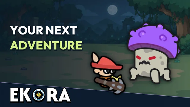Capa do trailer de EKORA: aventureiro de chapéu vermelho diante de um monstro roxo na floresta